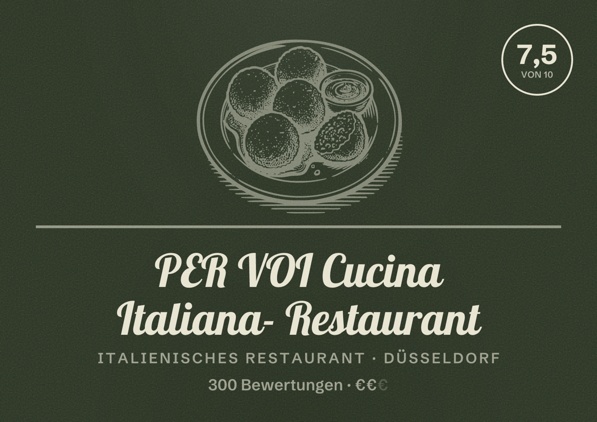 Illustriertes Poster von PER VOI Cucina Italiana- Restaurant, Italienisches Restaurant in Düsseldorf: Bewertung 7,5 von 10 aus 300 Bewertungen, Preisniveau €€