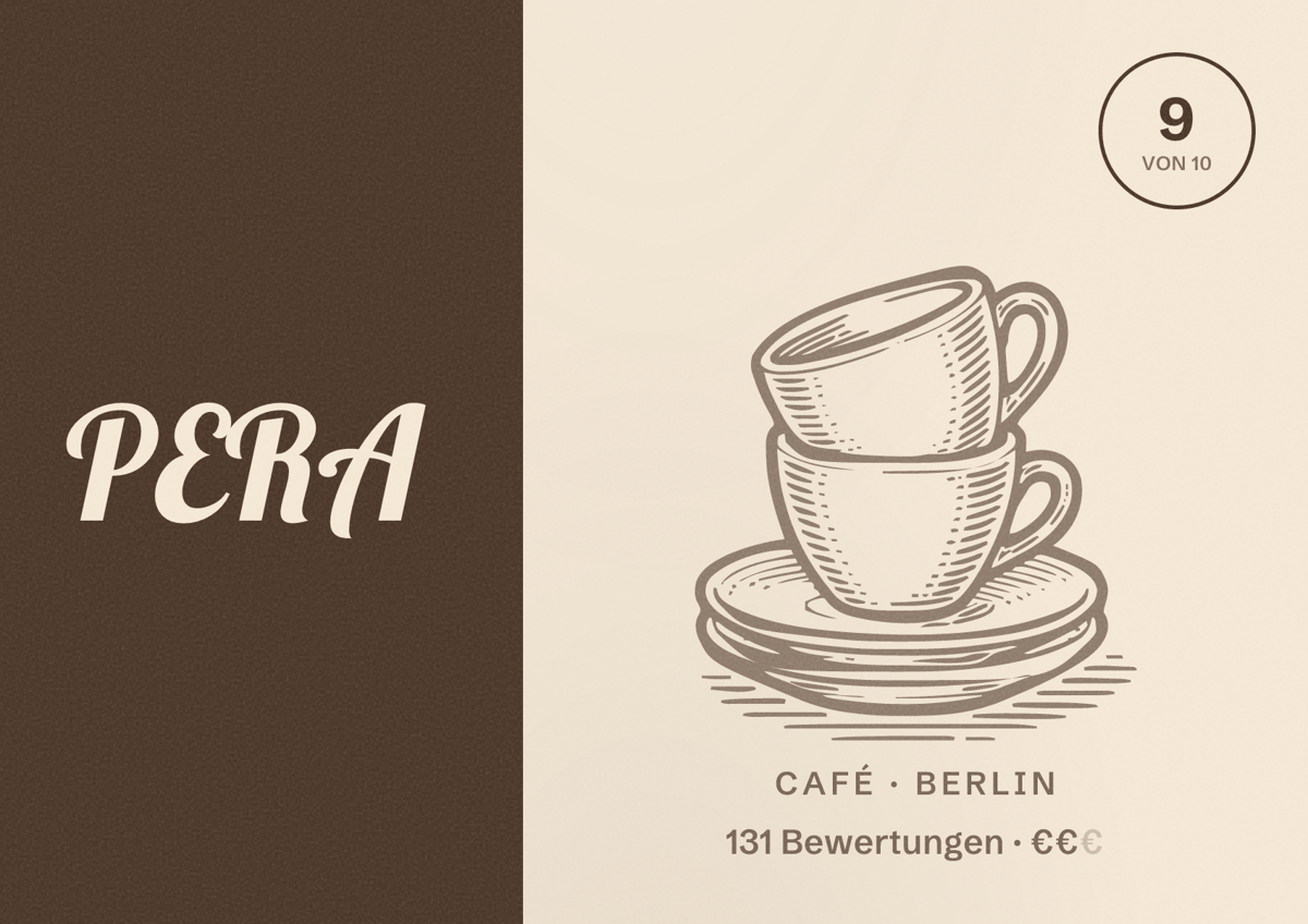 Illustriertes Poster von PERA, Café in Berlin: Bewertung 9,0 von 10 aus 131 Bewertungen, Preisniveau €€