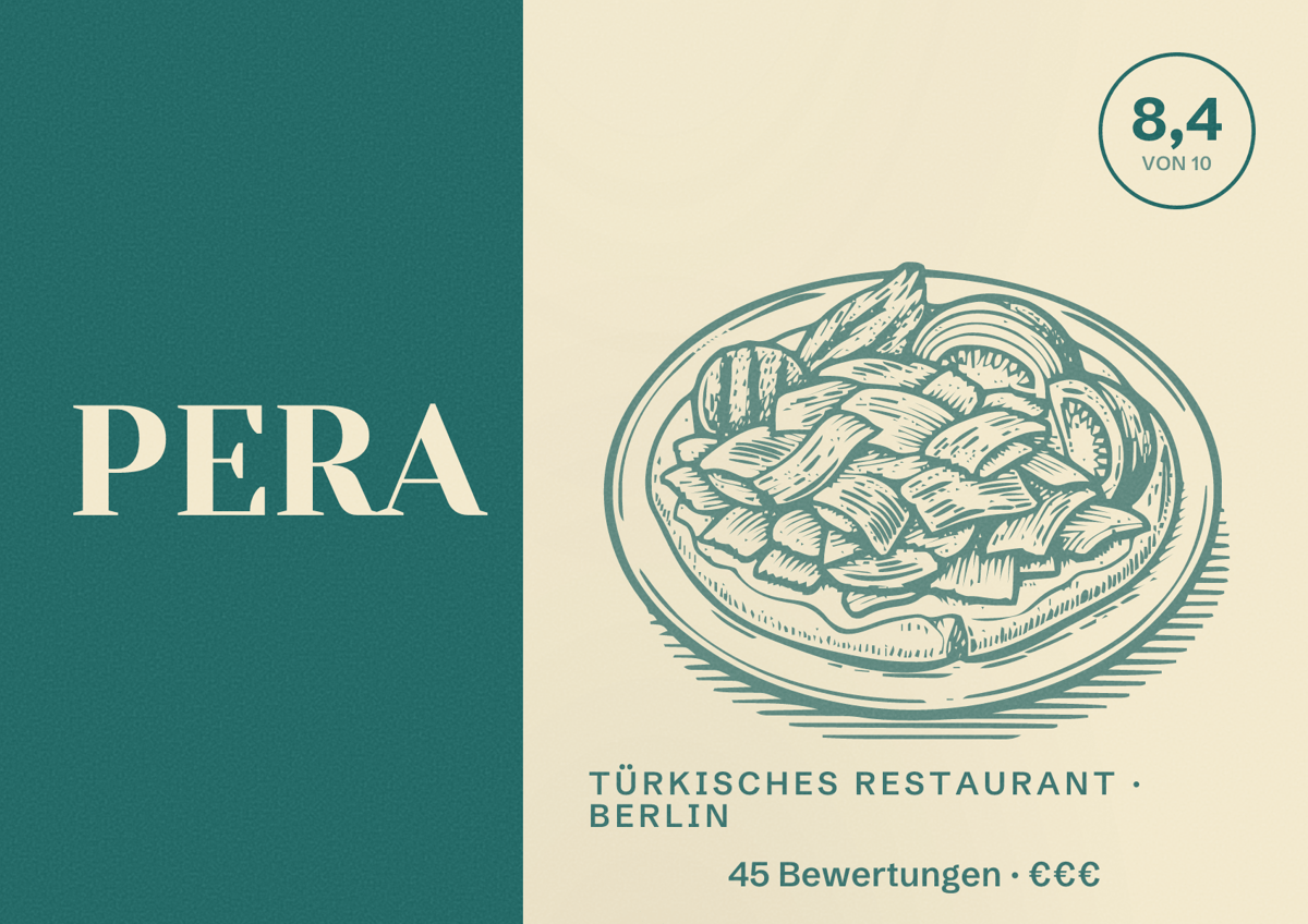 Illustriertes Poster von PERA, Türkisches Restaurant in Berlin: Bewertung 8,4 von 10 aus 45 Bewertungen, Preisniveau €€€