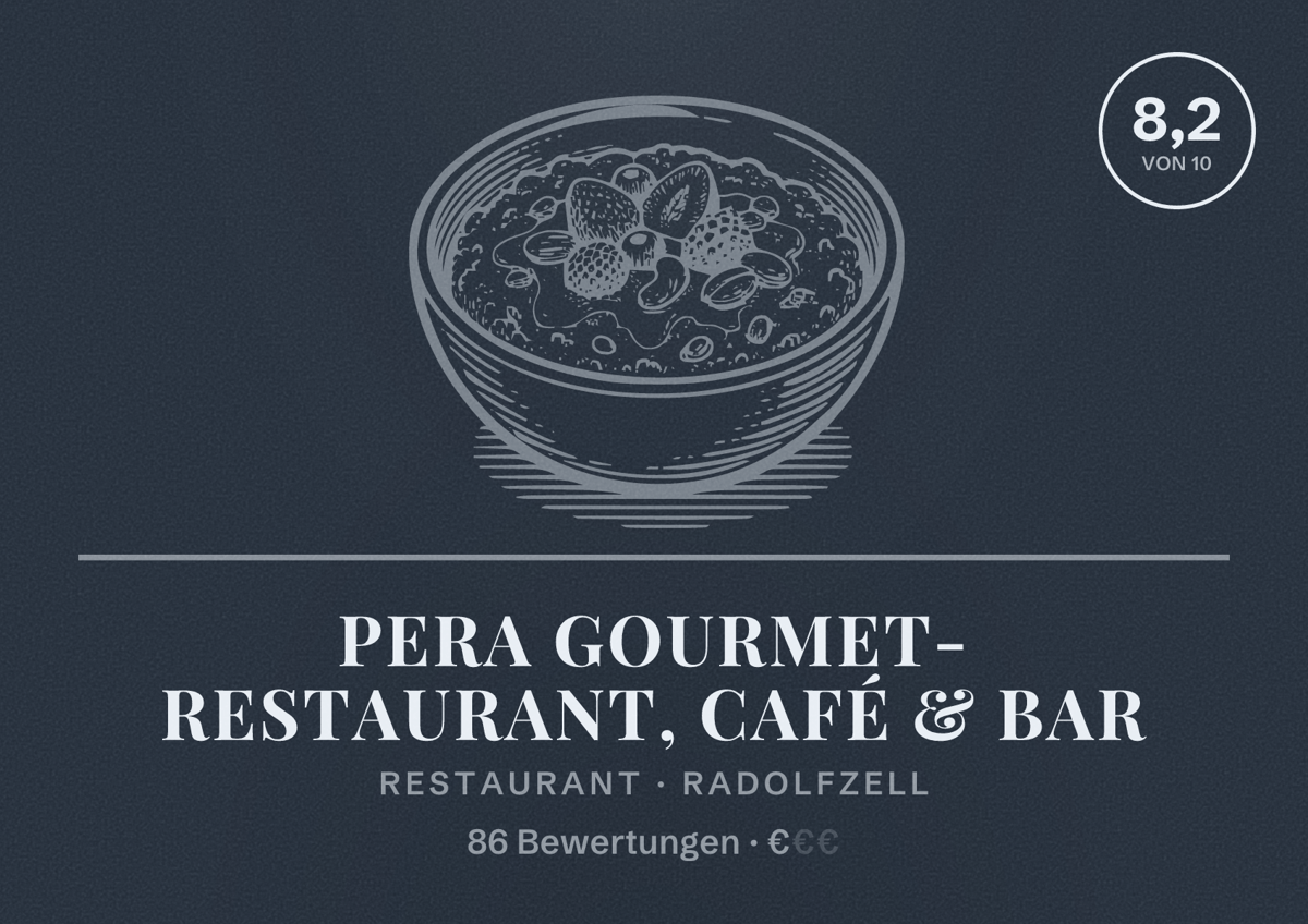 Illustriertes Poster von Pera Gourmet- Restaurant, Café & Bar, Restaurant in Radolfzell: Bewertung 8,2 von 10 aus 86 Bewertungen, Preisniveau €