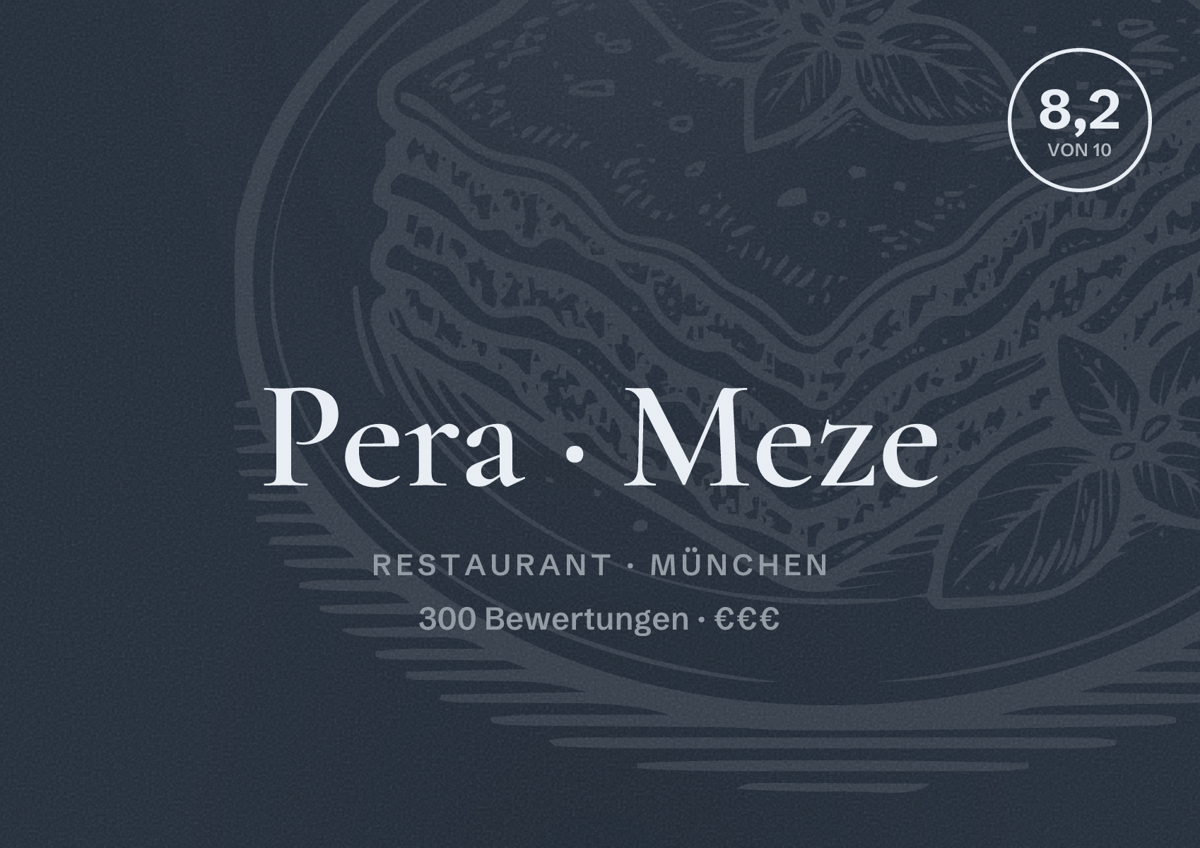 Illustriertes Poster von Pera Meze, Restaurant in München: Bewertung 8,2 von 10 aus 300 Bewertungen, Preisniveau €€€