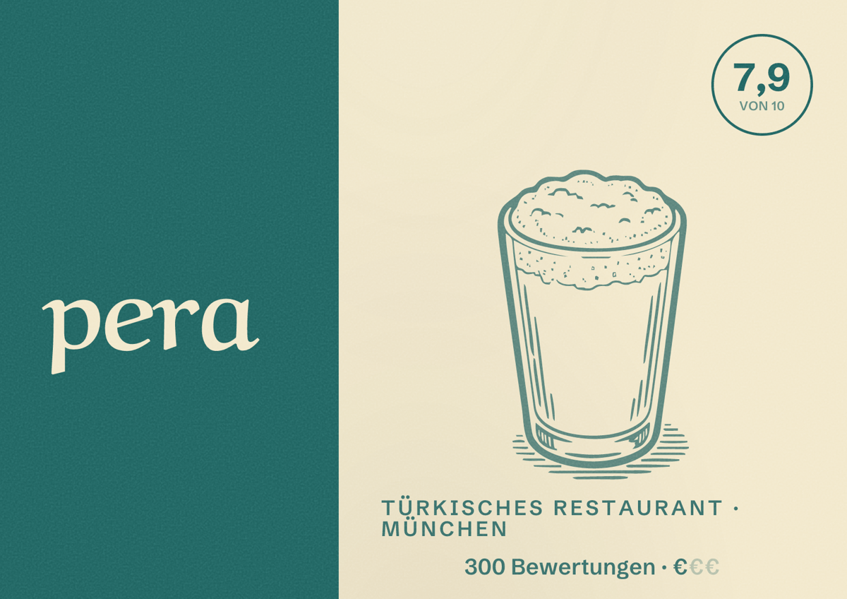 Illustriertes Poster von pera, Türkisches Restaurant in München: Bewertung 7,9 von 10 aus 300 Bewertungen, Preisniveau €