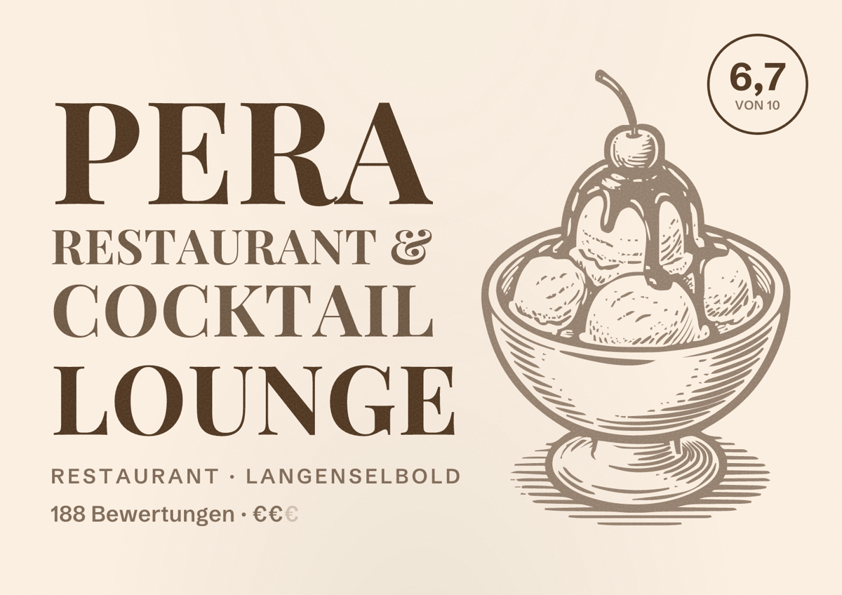 Illustriertes Poster von Pera Restaurant & Cocktail Lounge, Restaurant in Langenselbold: Bewertung 6,7 von 10 aus 188 Bewertungen, Preisniveau €€