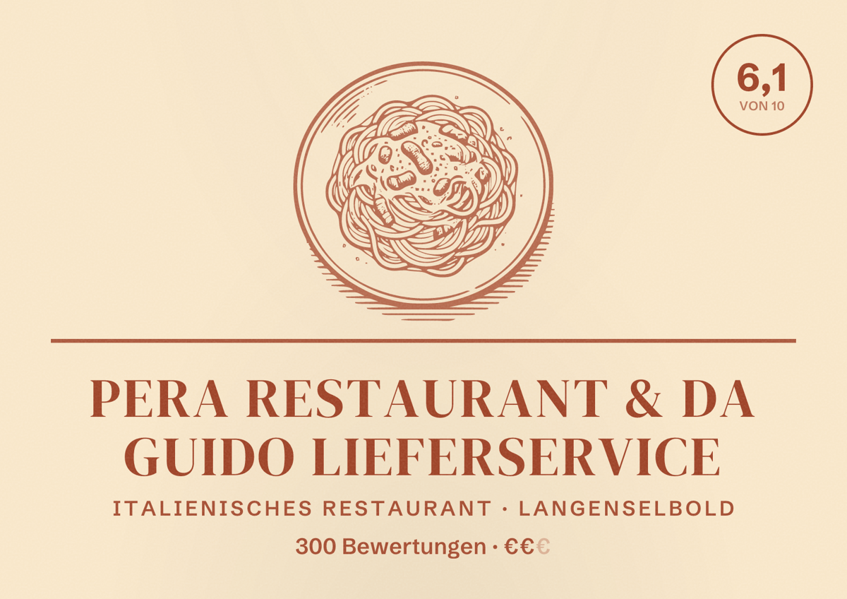 Illustriertes Poster von Pera Restaurant & Da Guido Lieferservice, Italienisches Restaurant in Langenselbold: Bewertung 6,1 von 10 aus 300 Bewertungen, Preisniveau €€