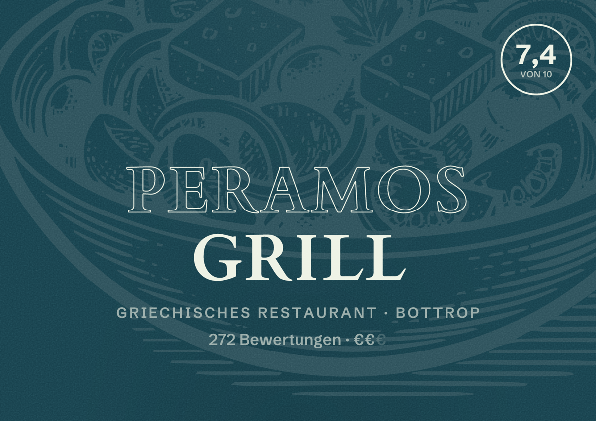 Illustriertes Poster von Peramos Grill, Griechisches Restaurant in Bottrop: Bewertung 7,4 von 10 aus 272 Bewertungen, Preisniveau €€