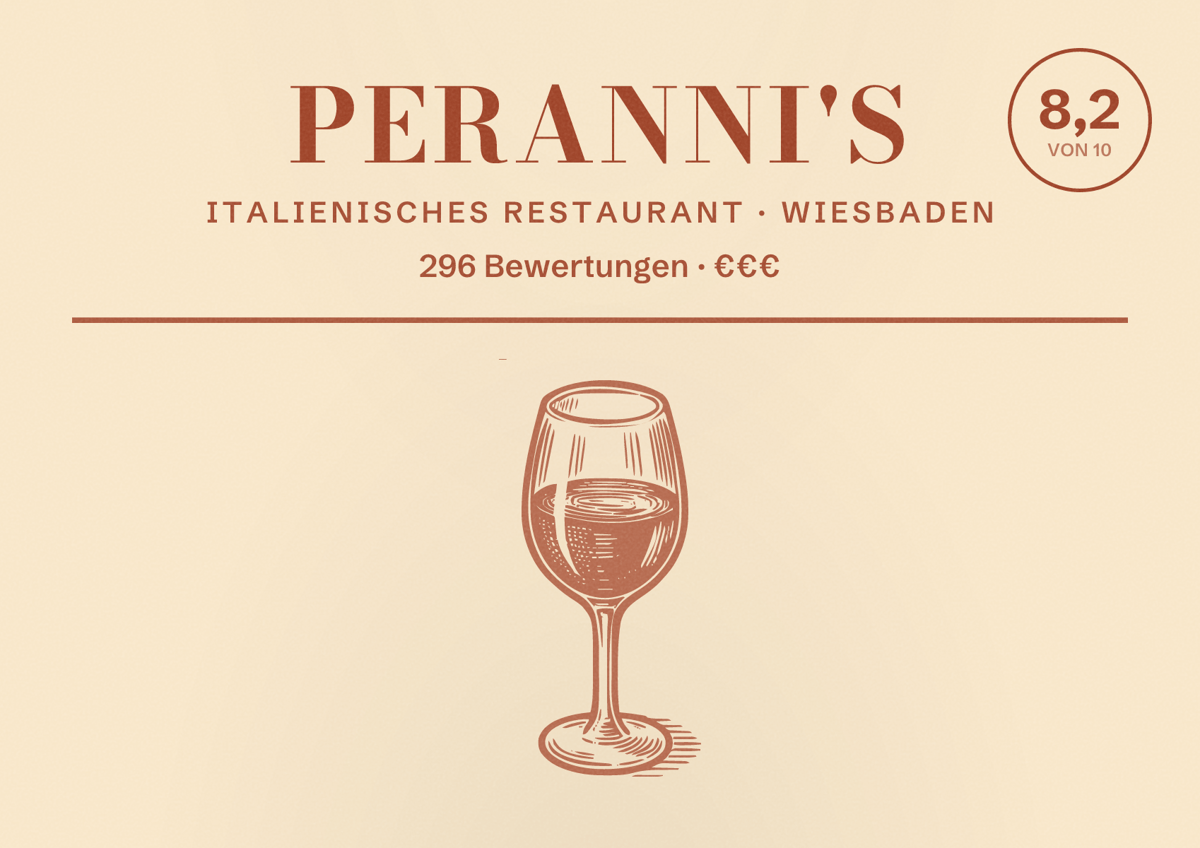 Illustriertes Poster von Peranni's, Italienisches Restaurant in Wiesbaden: Bewertung 8,2 von 10 aus 296 Bewertungen, Preisniveau €€€