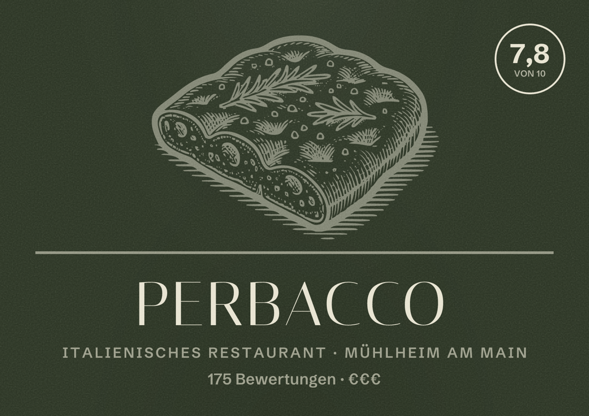 Illustriertes Poster von PerBacco, Italienisches Restaurant in Mühlheim am Main: Bewertung 7,8 von 10 aus 175 Bewertungen, Preisniveau €€€
