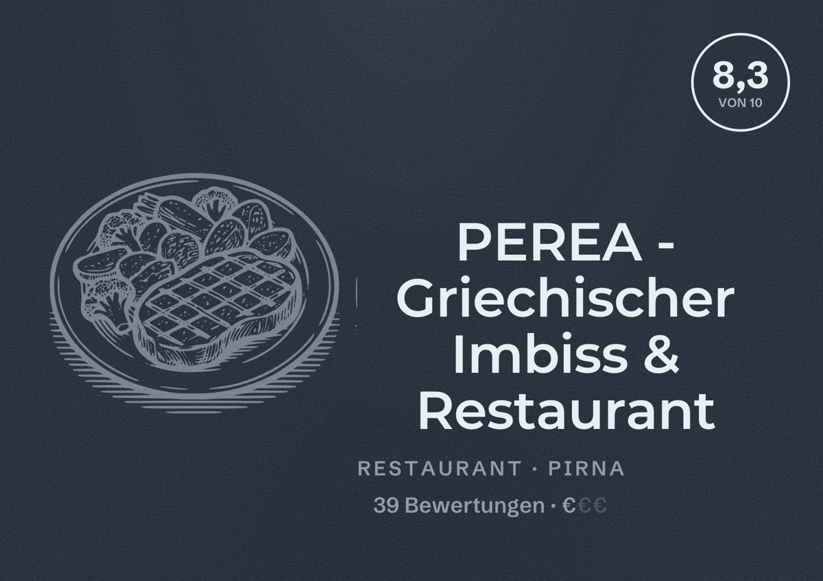 Illustriertes Poster von PEREA - Griechischer Imbiss & Restaurant, Restaurant in Pirna: Bewertung 8,3 von 10 aus 39 Bewertungen, Preisniveau €