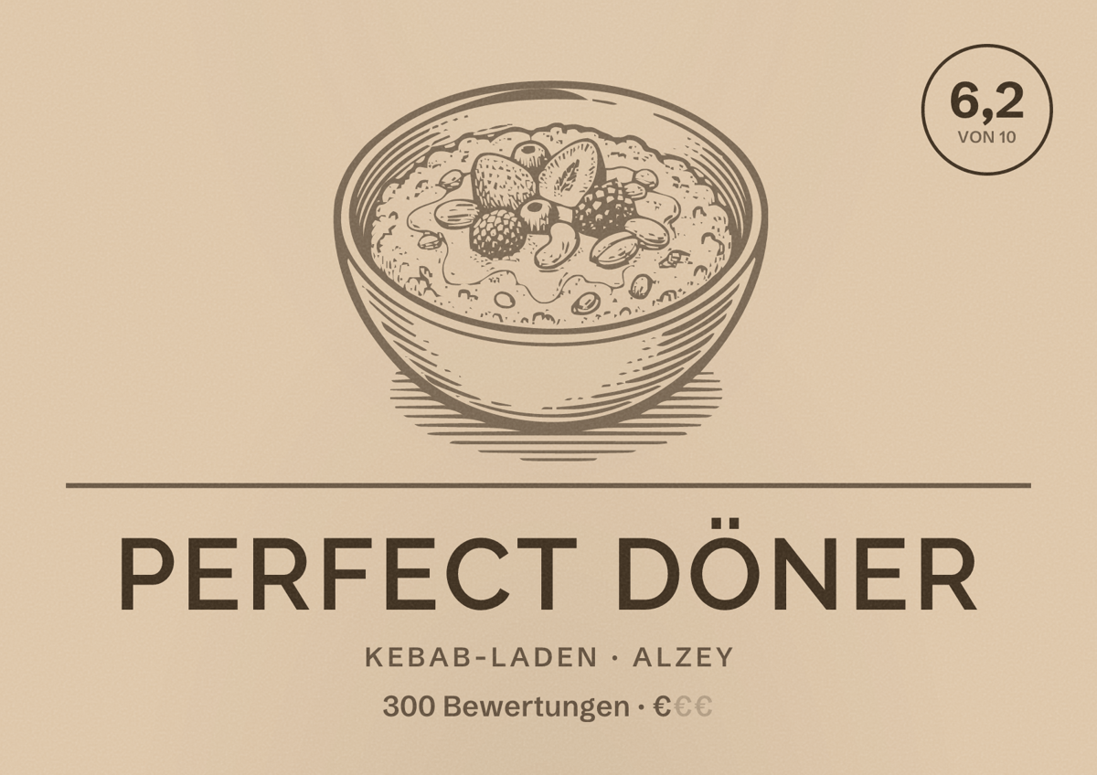 Illustriertes Poster von Perfect Döner, Kebab-Laden in Alzey: Bewertung 6,2 von 10 aus 300 Bewertungen, Preisniveau €