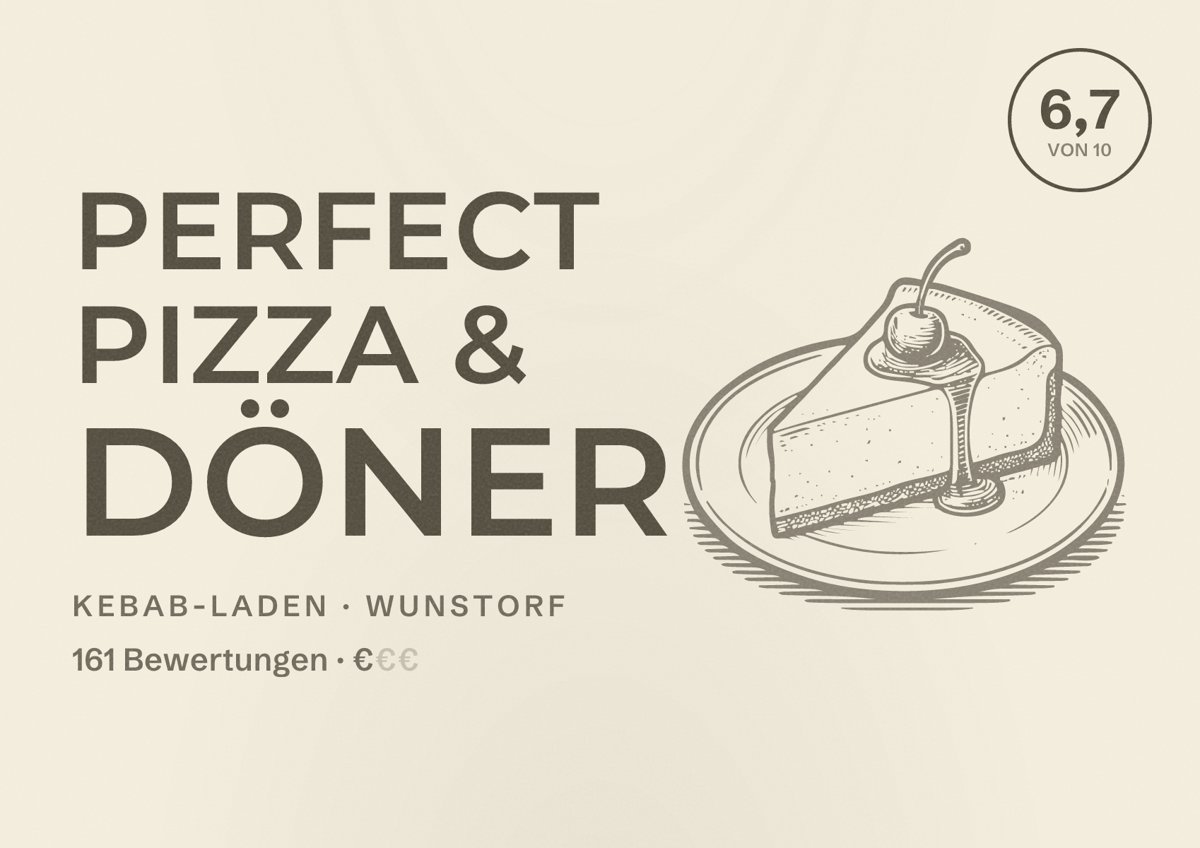 Illustriertes Poster von Perfect Pizza & Döner, Kebab-Laden in Wunstorf: Bewertung 6,7 von 10 aus 161 Bewertungen, Preisniveau €