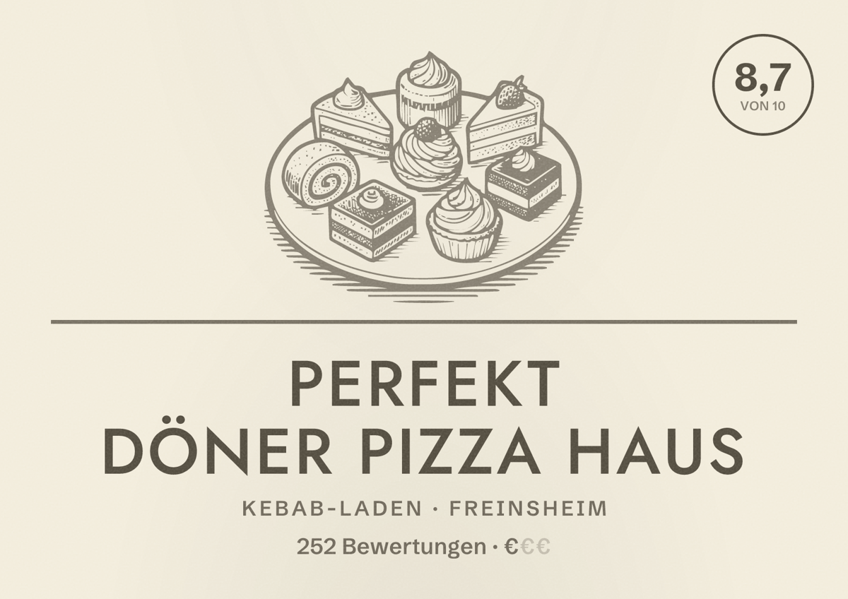 Illustriertes Poster von Perfekt Döner Pizza Haus, Kebab-Laden in Freinsheim: Bewertung 8,7 von 10 aus 252 Bewertungen, Preisniveau €