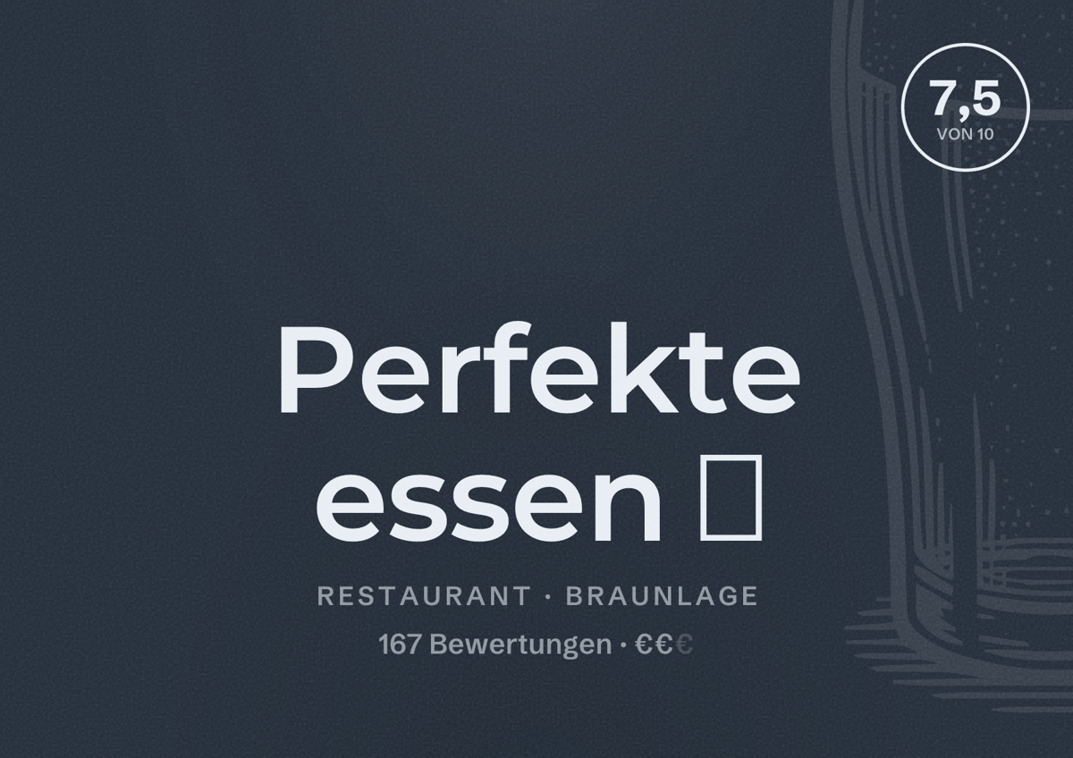 Illustriertes Poster von Perfekte essen 👌, Restaurant in Braunlage: Bewertung 7,5 von 10 aus 167 Bewertungen, Preisniveau €€