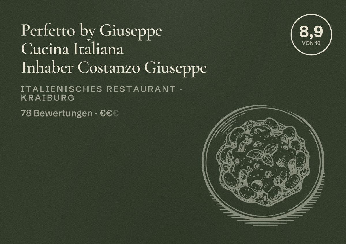 Illustriertes Poster von Perfetto by Giuseppe Cucina Italiana Inhaber Costanzo Giuseppe, Italienisches Restaurant in Kraiburg: Bewertung 8,9 von 10 aus 78 Bewertungen, Preisniveau €€