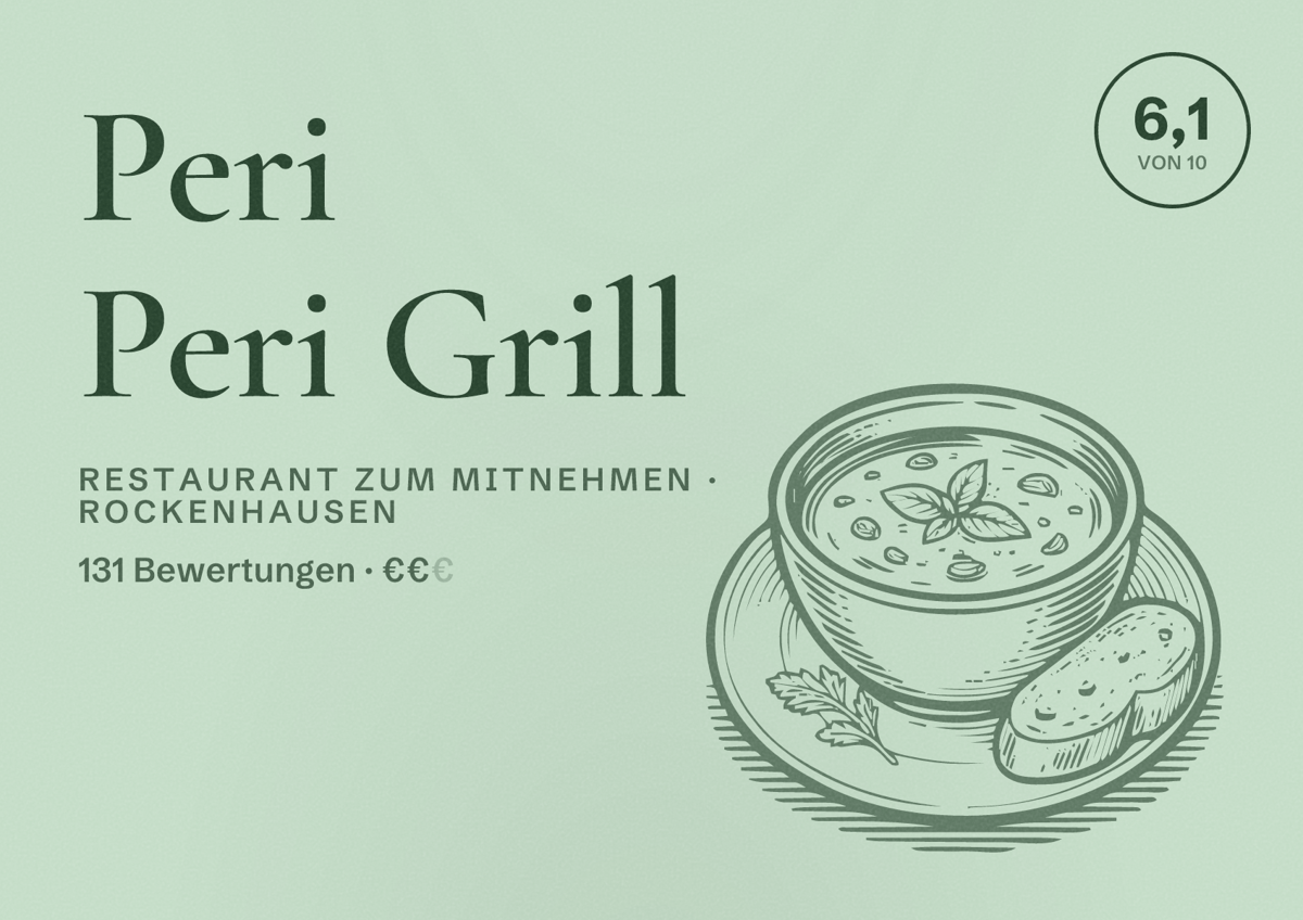 Illustriertes Poster von Peri Peri Grill, Restaurant zum Mitnehmen in Rockenhausen: Bewertung 6,1 von 10 aus 131 Bewertungen, Preisniveau €€