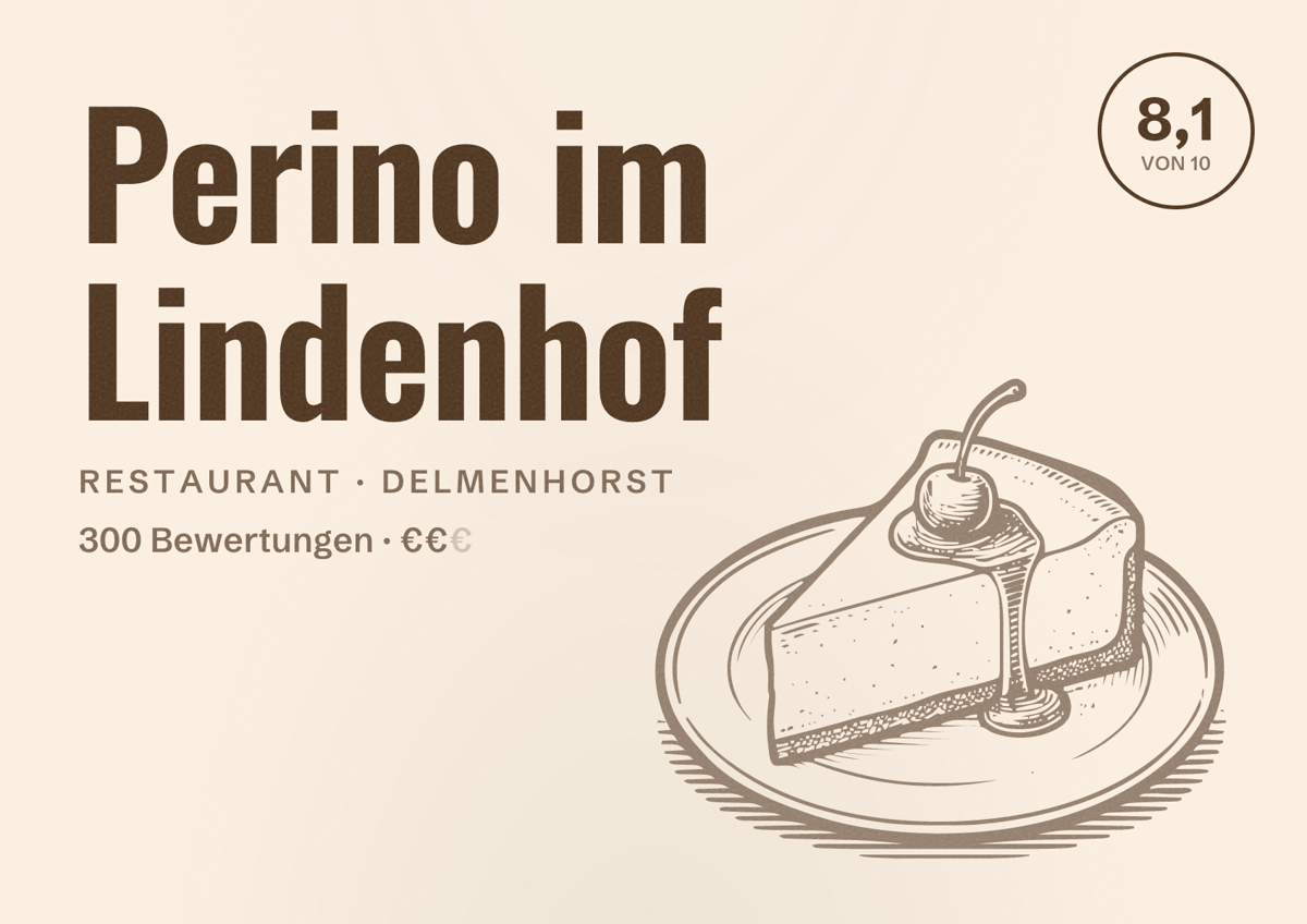 Illustriertes Poster von Perino im Lindenhof, Restaurant in Delmenhorst: Bewertung 8,1 von 10 aus 300 Bewertungen, Preisniveau €€