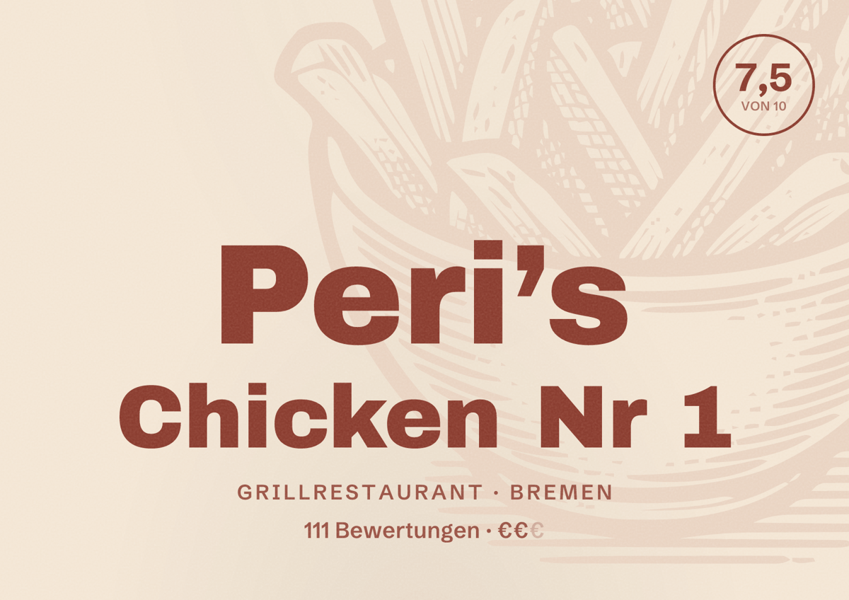 Illustriertes Poster von Peri’s Chicken Nr 1, Grillrestaurant in Bremen: Bewertung 7,5 von 10 aus 111 Bewertungen, Preisniveau €€
