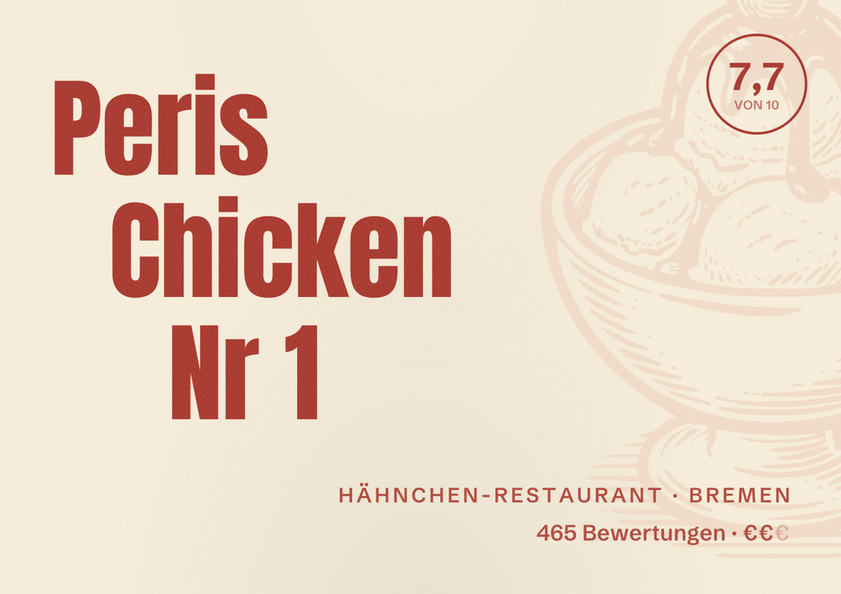 Illustriertes Poster von Peris Chicken Nr 1, Hähnchen-Restaurant in Bremen: Bewertung 7,7 von 10 aus 465 Bewertungen, Preisniveau €€