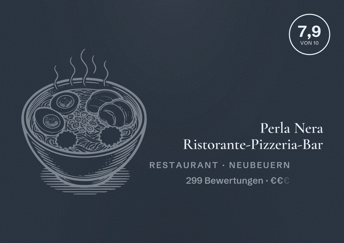 Illustriertes Poster von Perla Nera Ristorante-Pizzeria-Bar, Restaurant in Neubeuern: Bewertung 7,9 von 10 aus 299 Bewertungen, Preisniveau €€