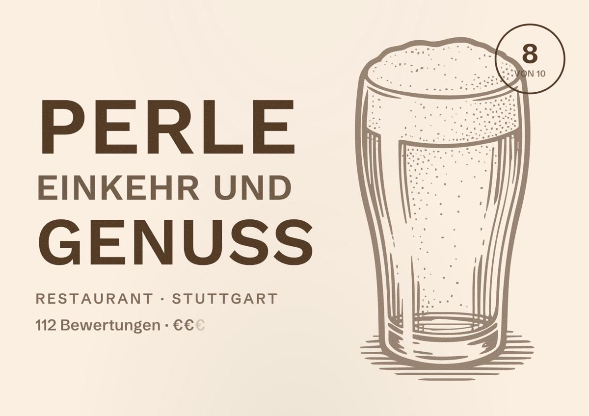 Illustriertes Poster von Perle Einkehr und Genuss, Restaurant in Stuttgart: Bewertung 8,0 von 10 aus 112 Bewertungen, Preisniveau €€