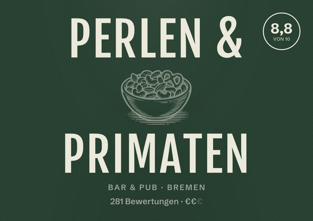 Illustriertes Poster von Perlen & Primaten, Bar & Pub in Bremen: Bewertung 8,8 von 10 aus 281 Bewertungen, Preisniveau €€