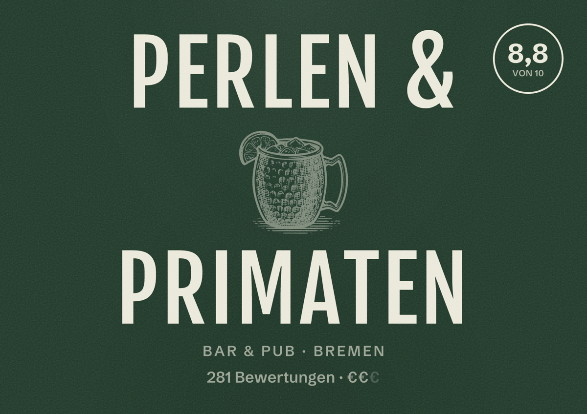 Illustriertes Poster von Perlen & Primaten, Bar & Pub in Bremen: Bewertung 8,8 von 10 aus 281 Bewertungen, Preisniveau €€