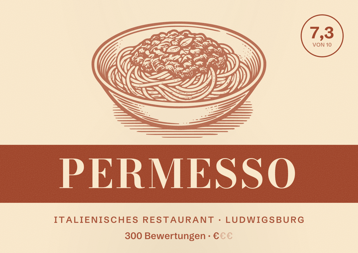 Illustriertes Poster von Permesso, Italienisches Restaurant in Ludwigsburg: Bewertung 7,3 von 10 aus 300 Bewertungen, Preisniveau €
