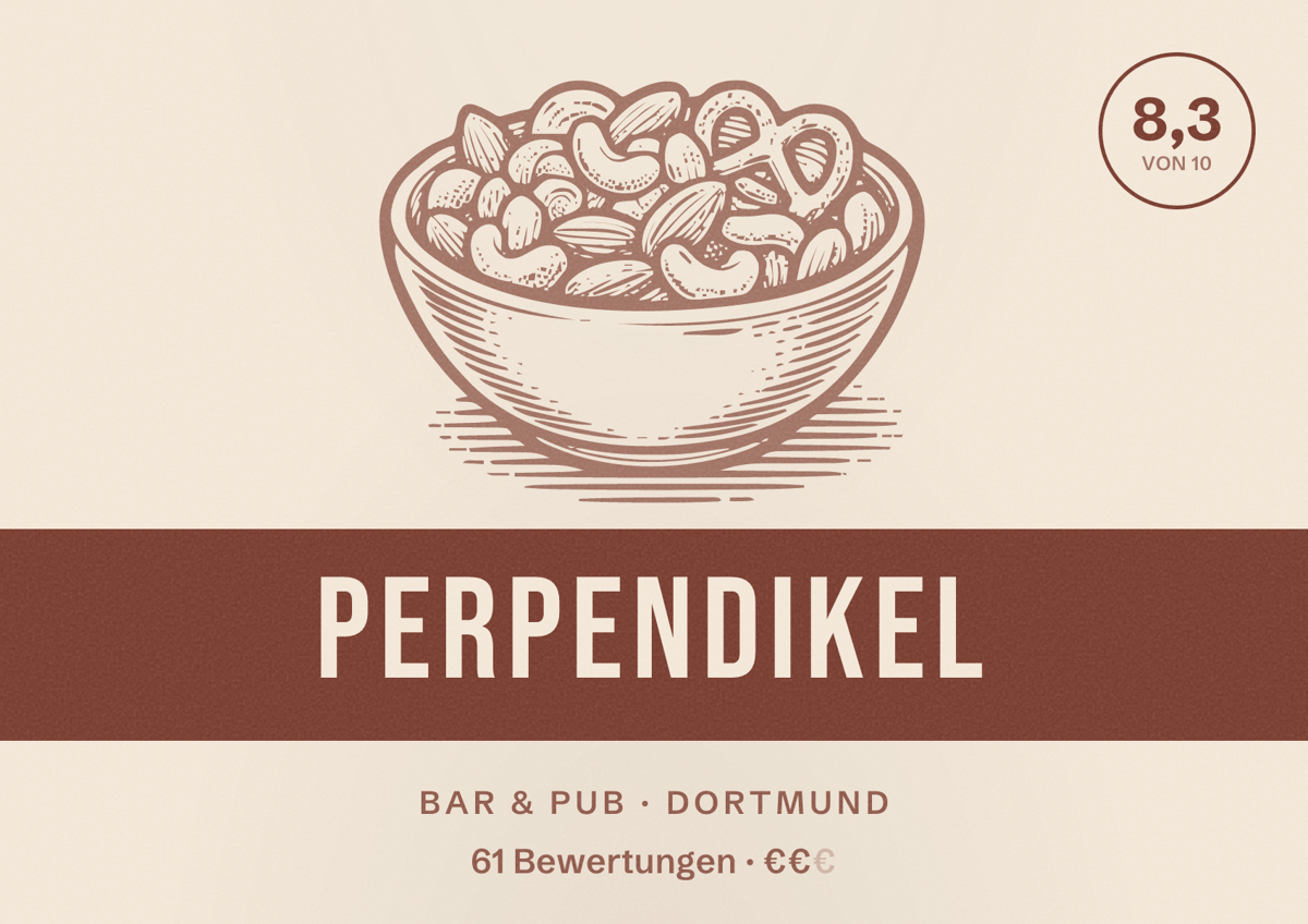 Illustriertes Poster von Perpendikel, Bar & Pub in Dortmund: Bewertung 8,3 von 10 aus 61 Bewertungen, Preisniveau €€