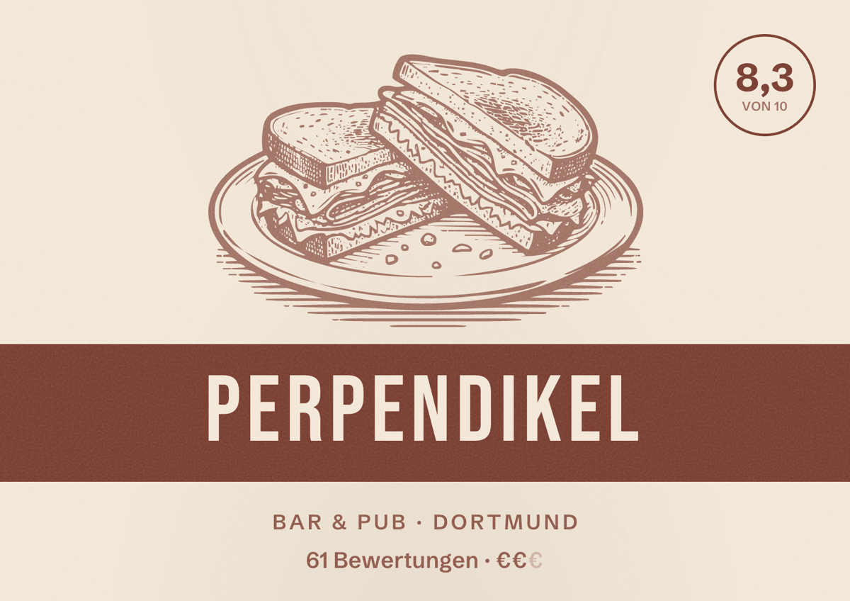 Illustriertes Poster von Perpendikel, Bar & Pub in Dortmund: Bewertung 8,3 von 10 aus 61 Bewertungen, Preisniveau €€