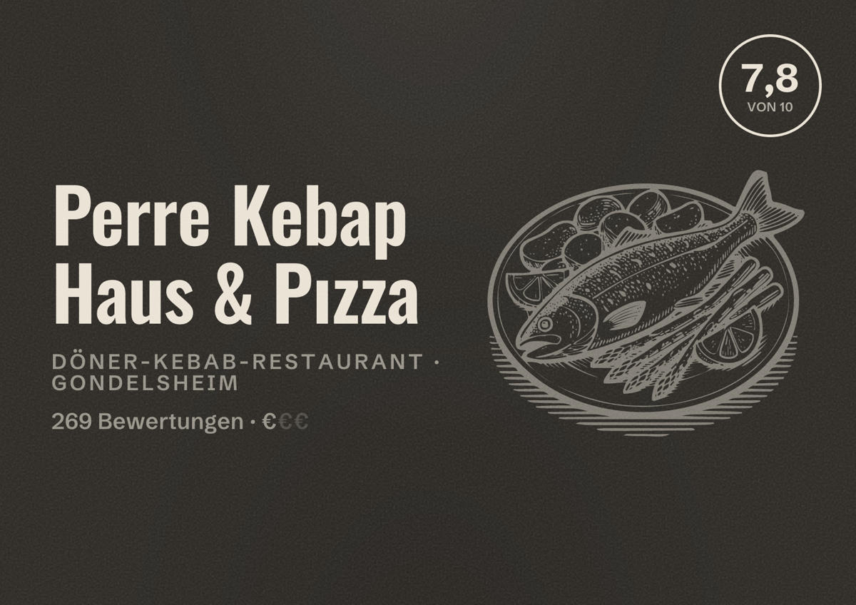 Illustriertes Poster von Perre Kebap Haus & Pızza, Döner-Kebab-Restaurant in Gondelsheim: Bewertung 7,8 von 10 aus 269 Bewertungen, Preisniveau €