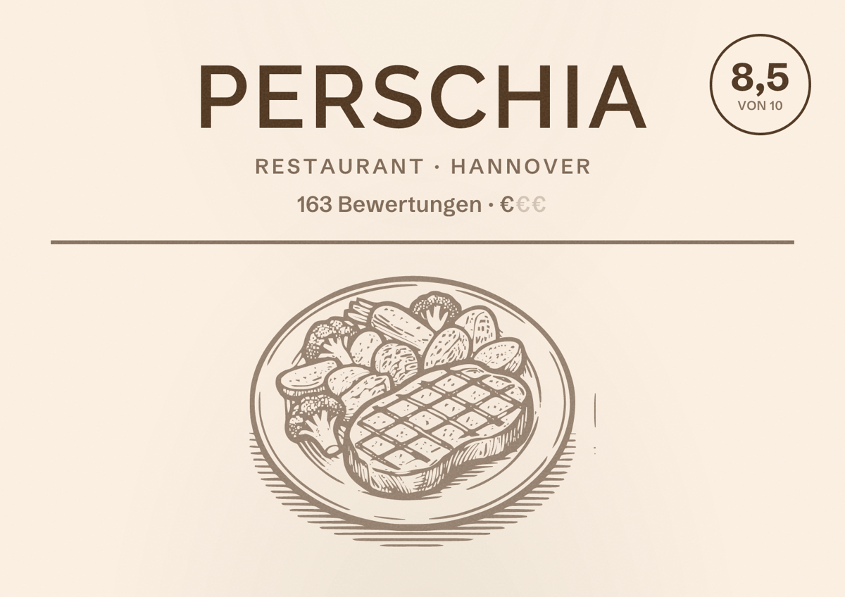 Illustriertes Poster von Perschia, Restaurant in Hannover: Bewertung 8,5 von 10 aus 163 Bewertungen, Preisniveau €