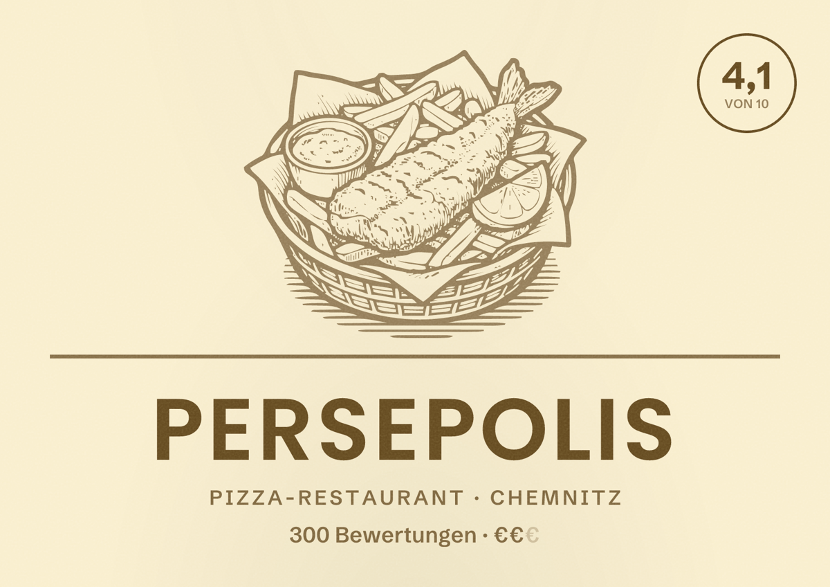 Illustriertes Poster von Persepolis, Pizza-Restaurant in Chemnitz: Bewertung 4,1 von 10 aus 300 Bewertungen, Preisniveau €€