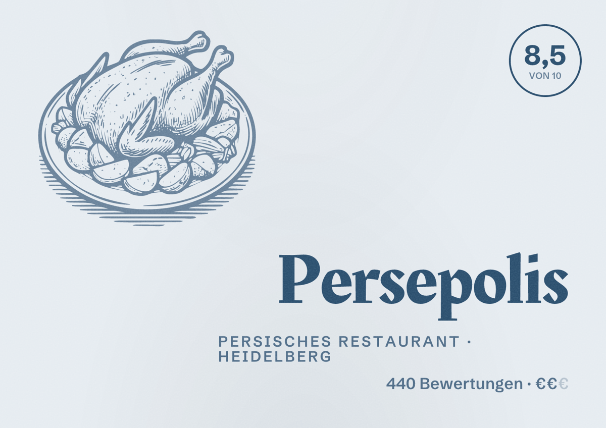Illustriertes Poster von Persepolis, Persisches Restaurant in Heidelberg: Bewertung 8,5 von 10 aus 440 Bewertungen, Preisniveau €€