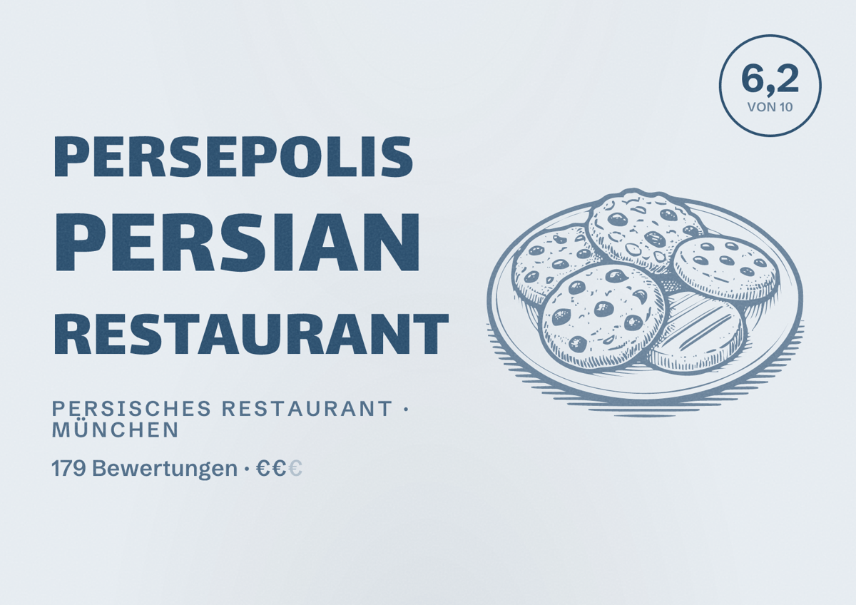 Illustriertes Poster von Persepolis Persian Restaurant, Persisches Restaurant in München: Bewertung 6,2 von 10 aus 179 Bewertungen, Preisniveau €€
