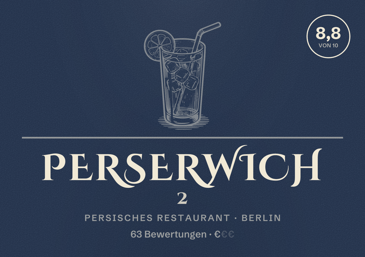 Illustriertes Poster von Perserwich 2, Persisches Restaurant in Berlin: Bewertung 8,8 von 10 aus 63 Bewertungen, Preisniveau €
