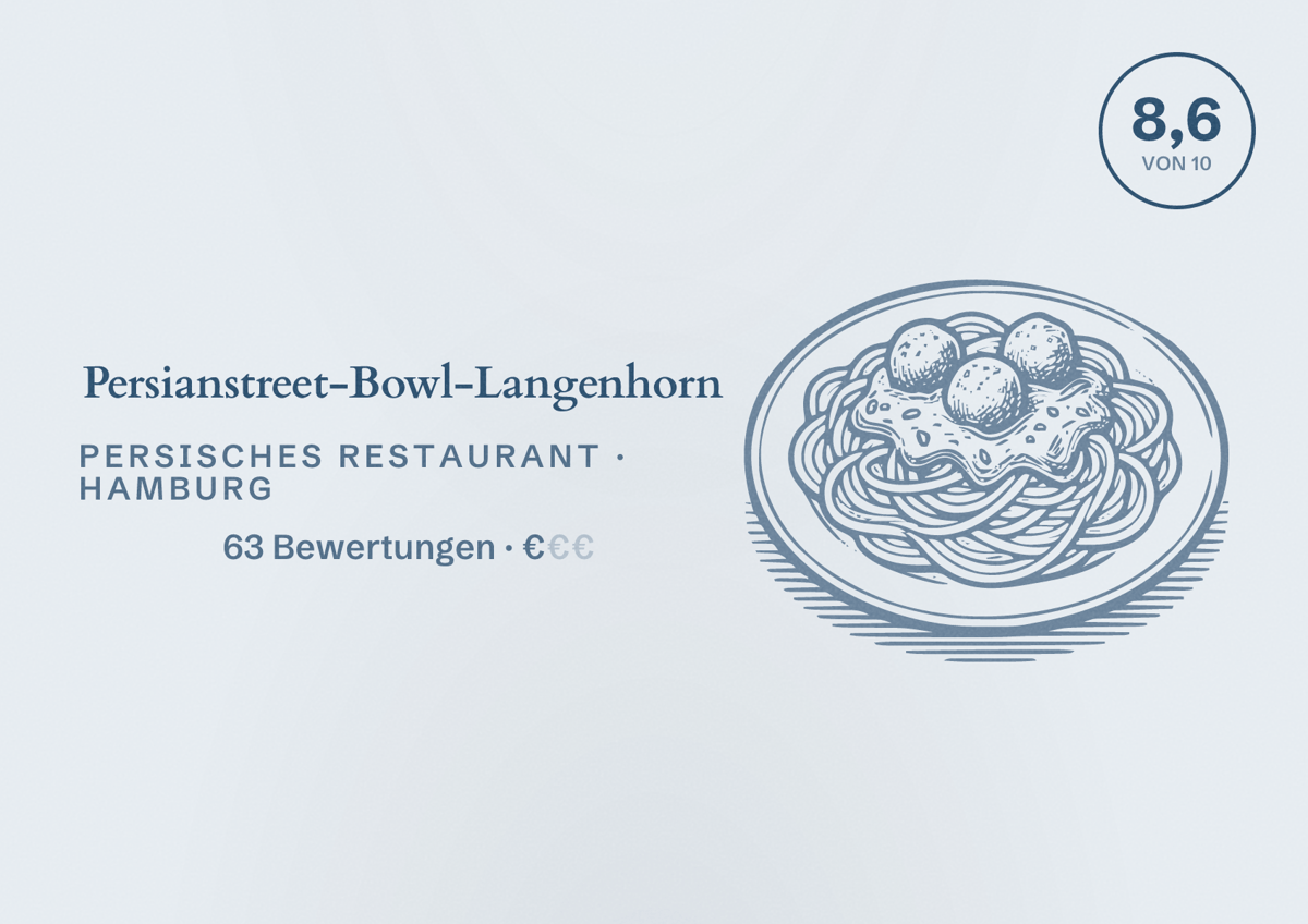 Illustriertes Poster von Persianstreet-Bowl-Langenhorn, Persisches Restaurant in Hamburg: Bewertung 8,6 von 10 aus 63 Bewertungen, Preisniveau €