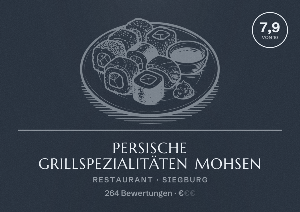Illustriertes Poster von Persische Grillspezialitäten mohsen, Restaurant in Siegburg: Bewertung 7,9 von 10 aus 264 Bewertungen, Preisniveau €