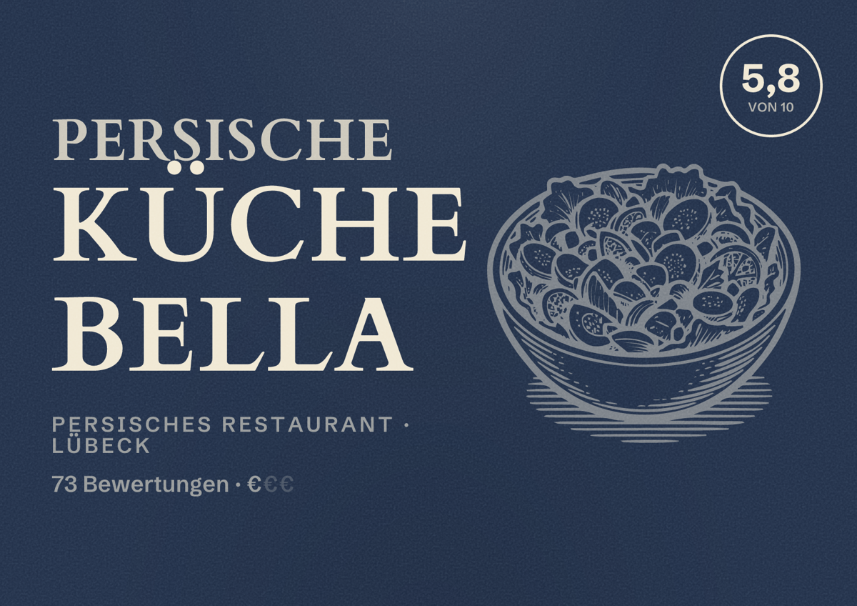 Illustriertes Poster von Persische Küche Bella, Persisches Restaurant in Lübeck: Bewertung 5,8 von 10 aus 73 Bewertungen, Preisniveau €