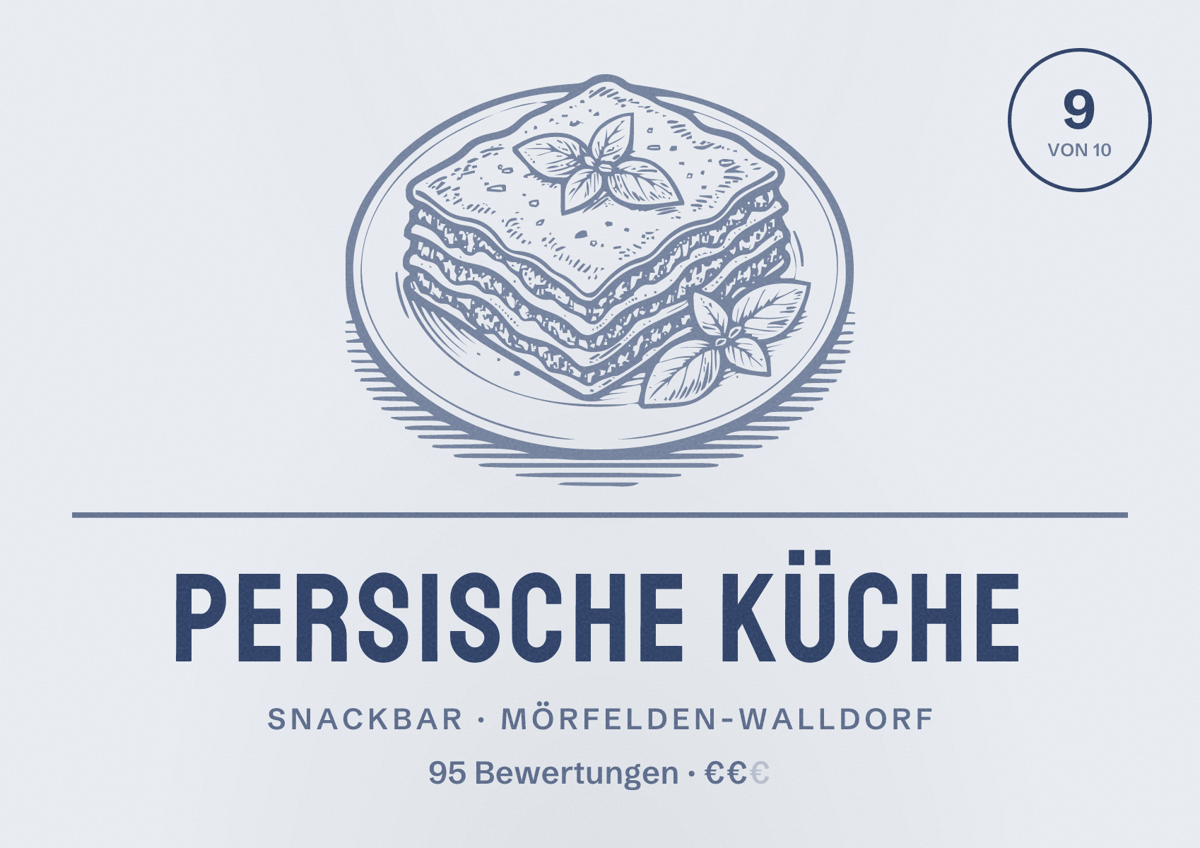 Illustriertes Poster von Persische Küche, Snackbar in Mörfelden-Walldorf: Bewertung 9 von 10 aus 95 Bewertungen, Preisniveau €€