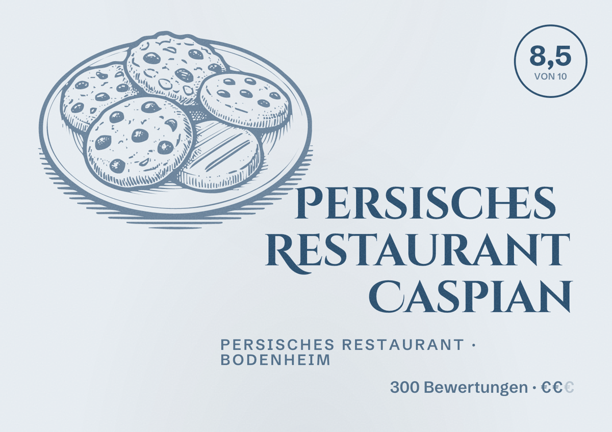 Illustriertes Poster von Persisches Restaurant Caspian, Persisches Restaurant in Bodenheim: Bewertung 8,5 von 10 aus 300 Bewertungen, Preisniveau €€