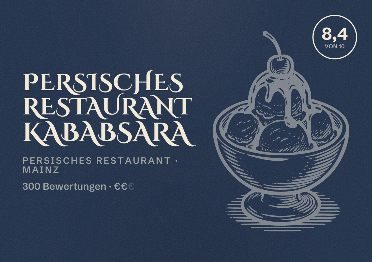 Illustriertes Poster von Persisches Restaurant Kababsara, Persisches Restaurant in Mainz: Bewertung 8,4 von 10 aus 300 Bewertungen, Preisniveau €€