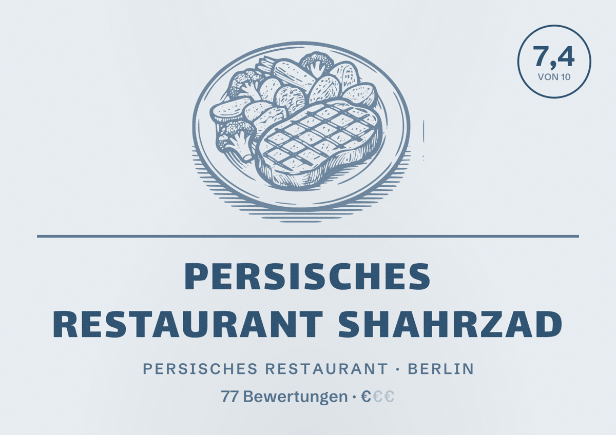 Illustriertes Poster von Persisches Restaurant Shahrzad, Persisches Restaurant in Berlin: Bewertung 7,4 von 10 aus 77 Bewertungen, Preisniveau €