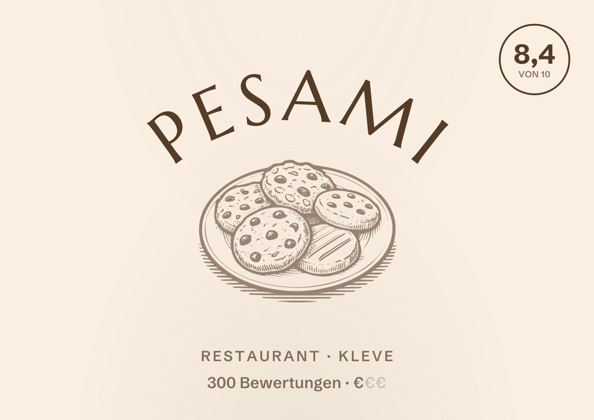 Illustriertes Poster von Pesami, Restaurant in Kleve: Bewertung 8,4 von 10 aus 300 Bewertungen, Preisniveau €