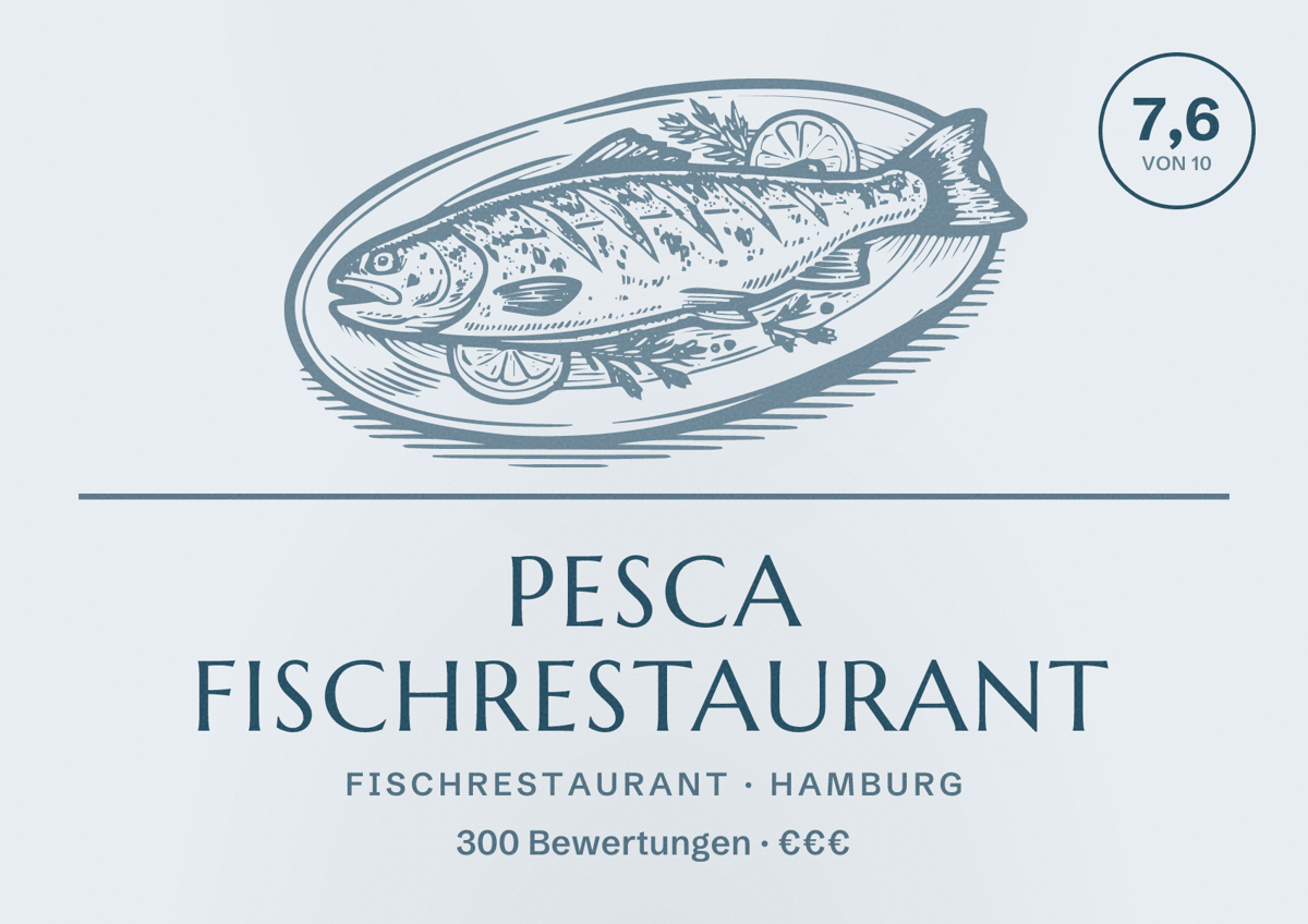 Illustriertes Poster von Pesca Fischrestaurant, Fischrestaurant in Hamburg: Bewertung 7,6 von 10 aus 300 Bewertungen, Preisniveau €€€