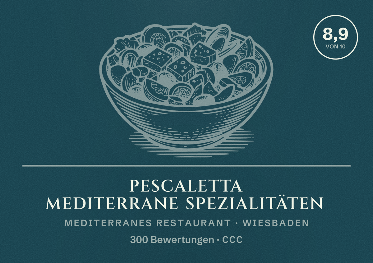Illustriertes Poster von PESCALETTA Mediterrane Spezialitäten, Mediterranes Restaurant in Wiesbaden: Bewertung 8,9 von 10 aus 300 Bewertungen, Preisniveau €€€
