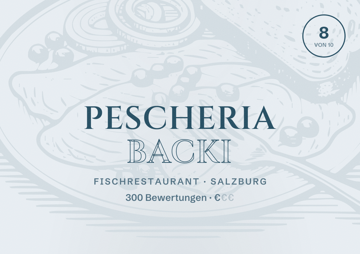 Illustriertes Poster von Pescheria Backi, Fischrestaurant in Salzburg: Bewertung 8 von 10 aus 300 Bewertungen, Preisniveau €