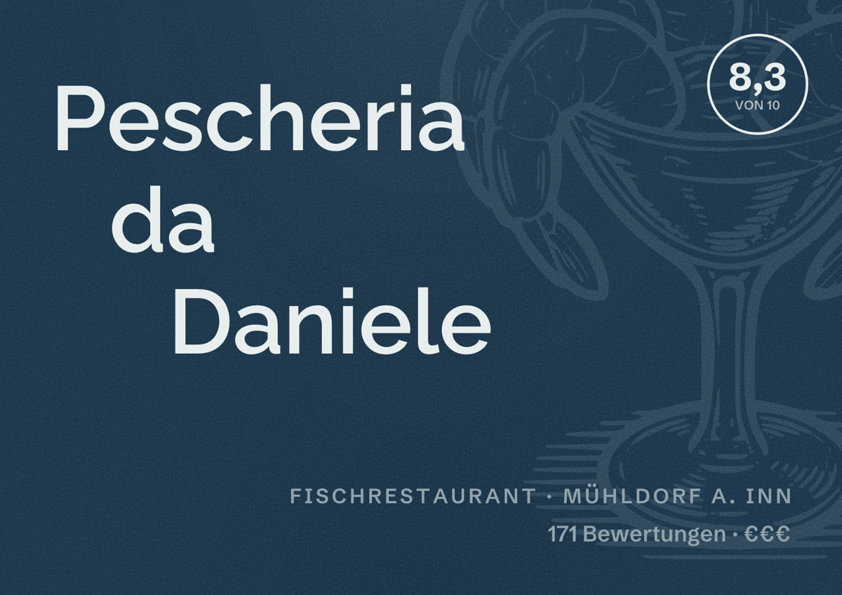 Illustriertes Poster von Pescheria da Daniele, Fischrestaurant in Mühldorf a. Inn: Bewertung 8,3 von 10 aus 171 Bewertungen, Preisniveau €€€