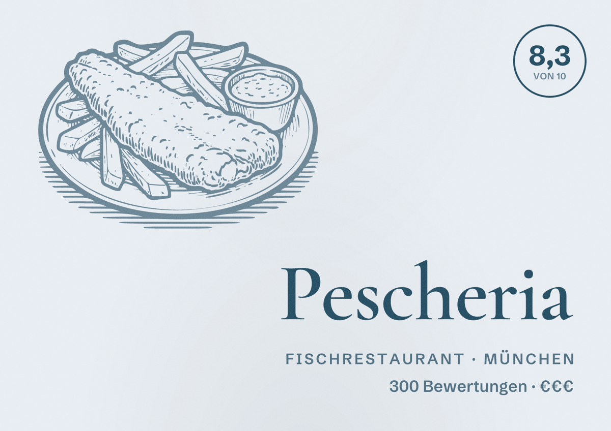 Illustriertes Poster von Pescheria, Fischrestaurant in München: Bewertung 8,3 von 10 aus 300 Bewertungen, Preisniveau €€€
