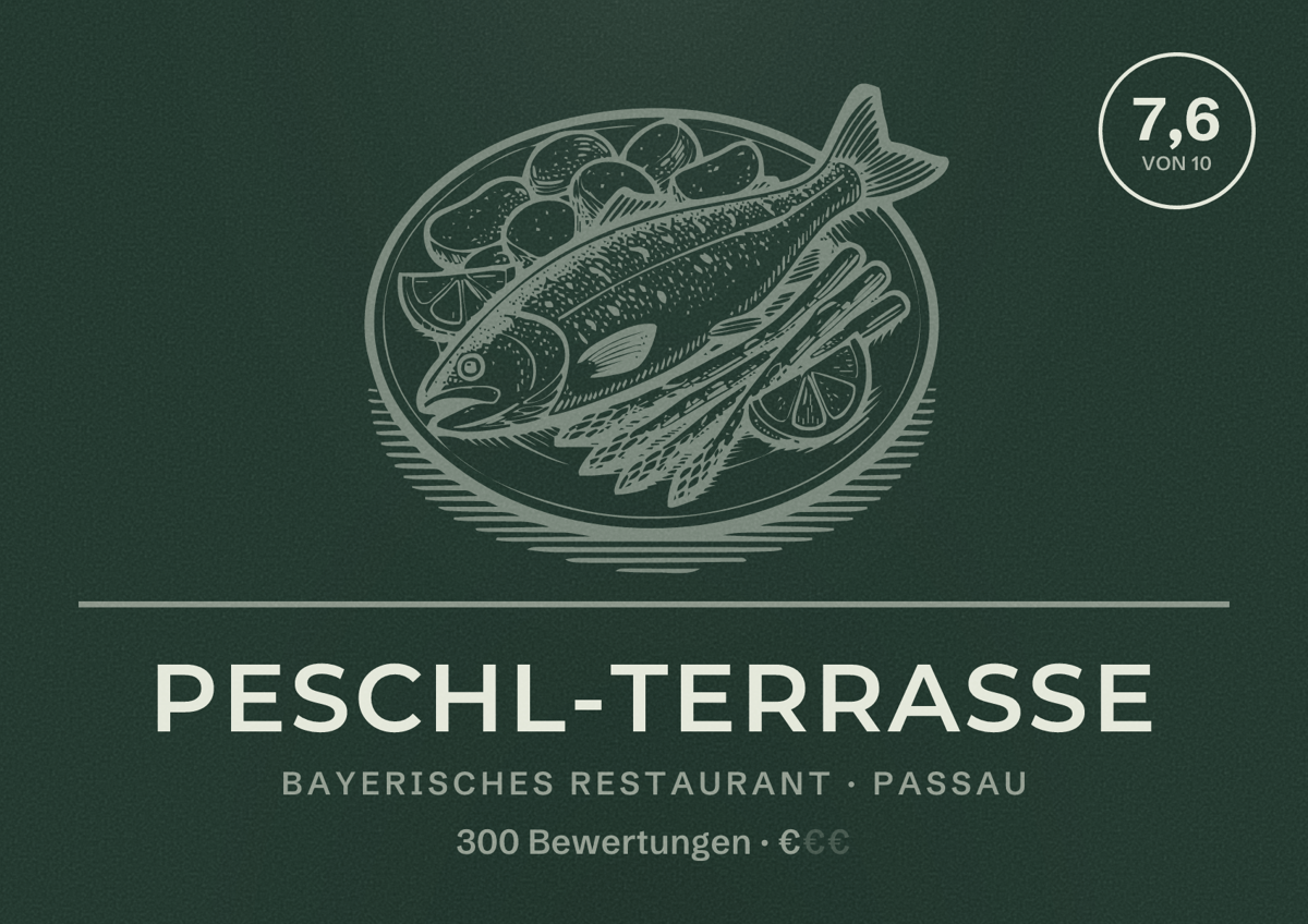 Illustriertes Poster von Peschl-Terrasse, Bayerisches Restaurant in Passau: Bewertung 7,6 von 10 aus 300 Bewertungen, Preisniveau €