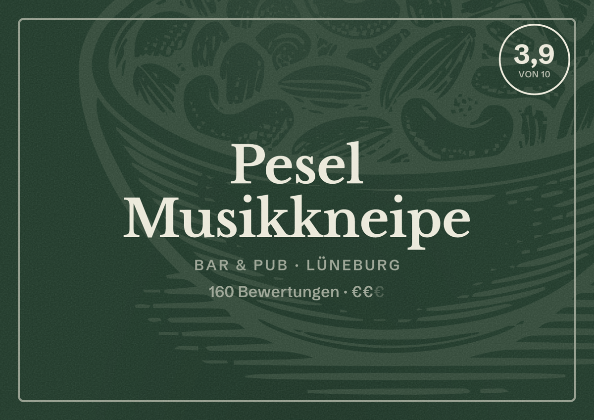 Illustriertes Poster von Pesel Musikkneipe, Bar & Pub in Lüneburg: Bewertung 3,9 von 10 aus 160 Bewertungen, Preisniveau €€