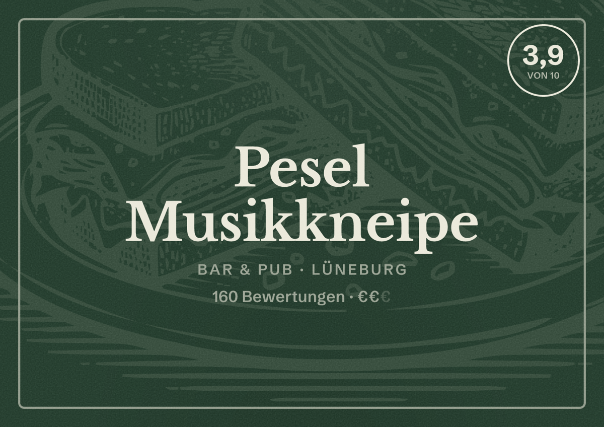 Illustriertes Poster von Pesel Musikkneipe, Bar & Pub in Lüneburg: Bewertung 3,9 von 10 aus 160 Bewertungen, Preisniveau €€